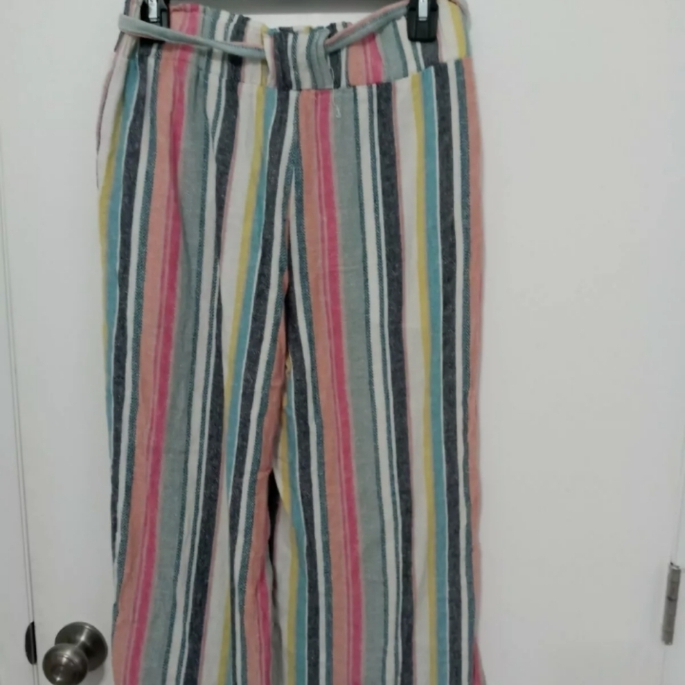 Indigo Rein Striped Linen Wide leg Cropped pants with elastic waist With Tie